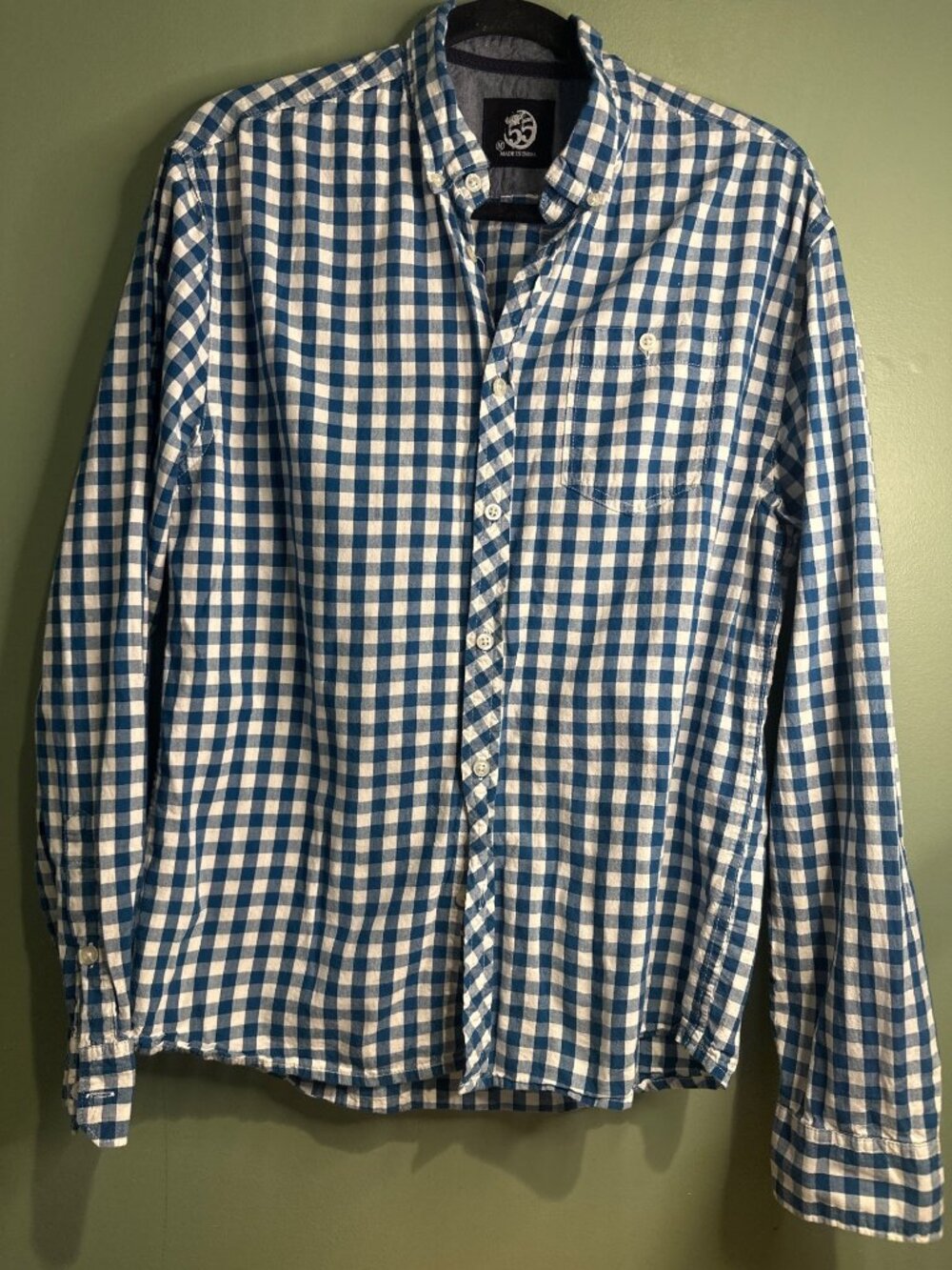 Mission 55 Mens M Blue White Gingham Button Front Shirt 100% Cotton Casual